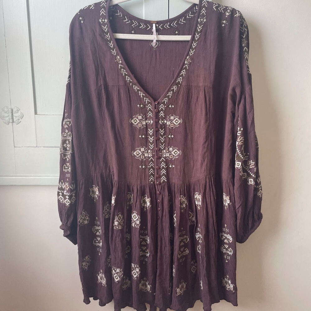 Free People Embroidered Button Down Dress Tunic Flowy Purple Boho Arianna Top